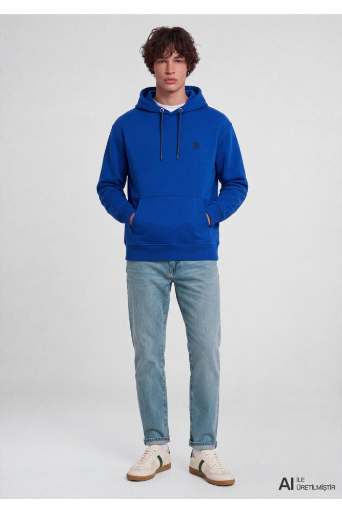 Mavi Logo Nakışlı Kapüşonlu Mavi Loose Fit Erkek Sweatshirt 065809-70896