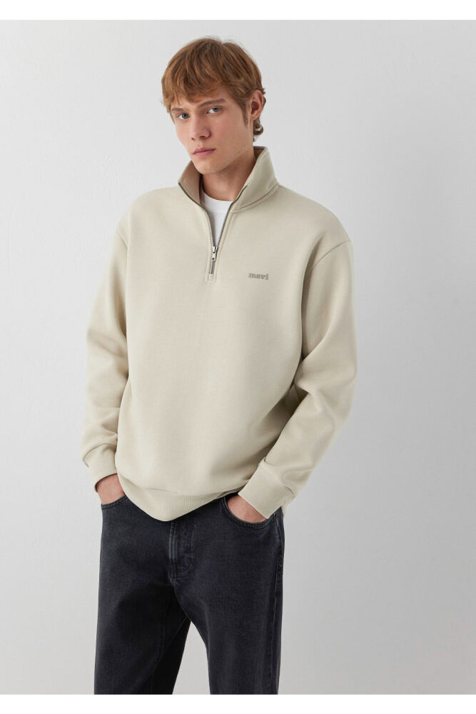 Mavi Logo Yarı Fermuarlı Bej Loose Fit Erkek Sweatshirt 0S10585-70322