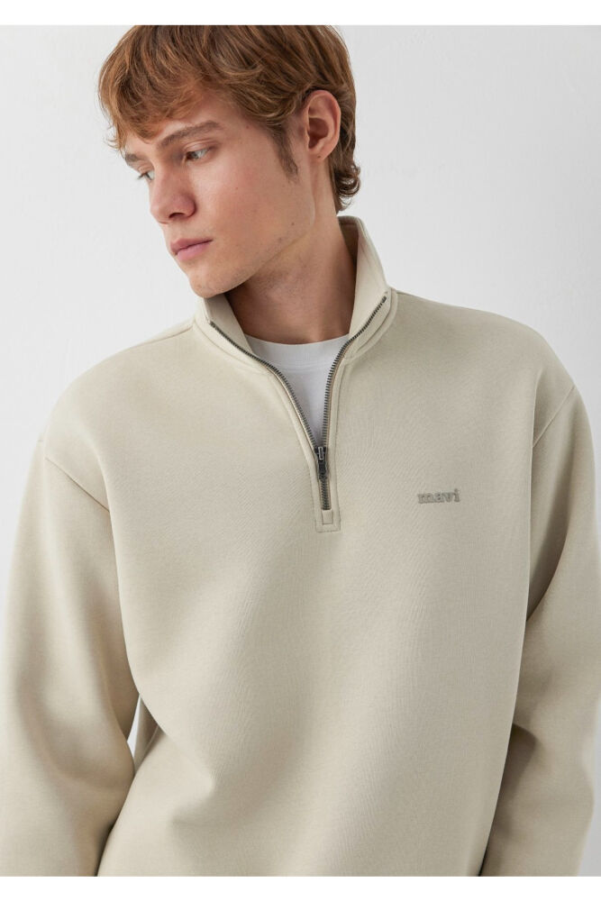 Mavi Logo Yarı Fermuarlı Bej Loose Fit Erkek Sweatshirt 0S10585-70322 (1)