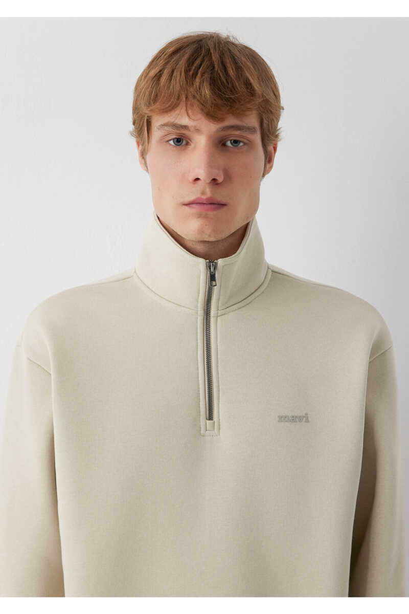 Mavi Logo Yarı Fermuarlı Bej Loose Fit Erkek Sweatshirt 0S10585-70322 - 6