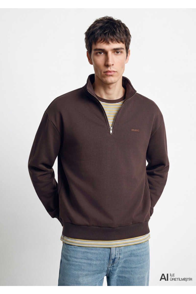 Mavi Logo Yarı Fermuarlı Kahverengi Loose Fit Erkek Sweatshirt 0S10585-70219 - 1