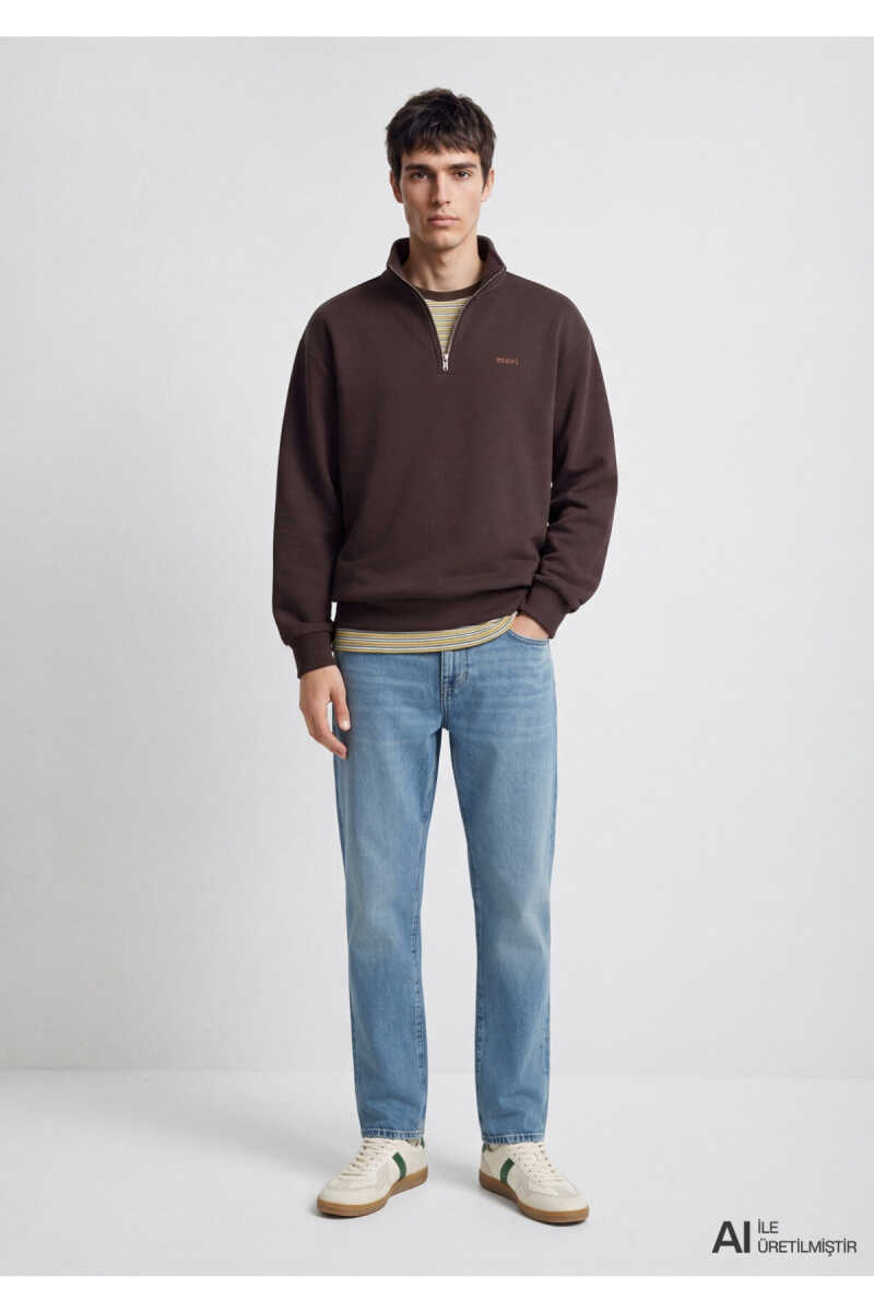 Mavi Logo Yarı Fermuarlı Kahverengi Loose Fit Erkek Sweatshirt 0S10585-70219 - 2