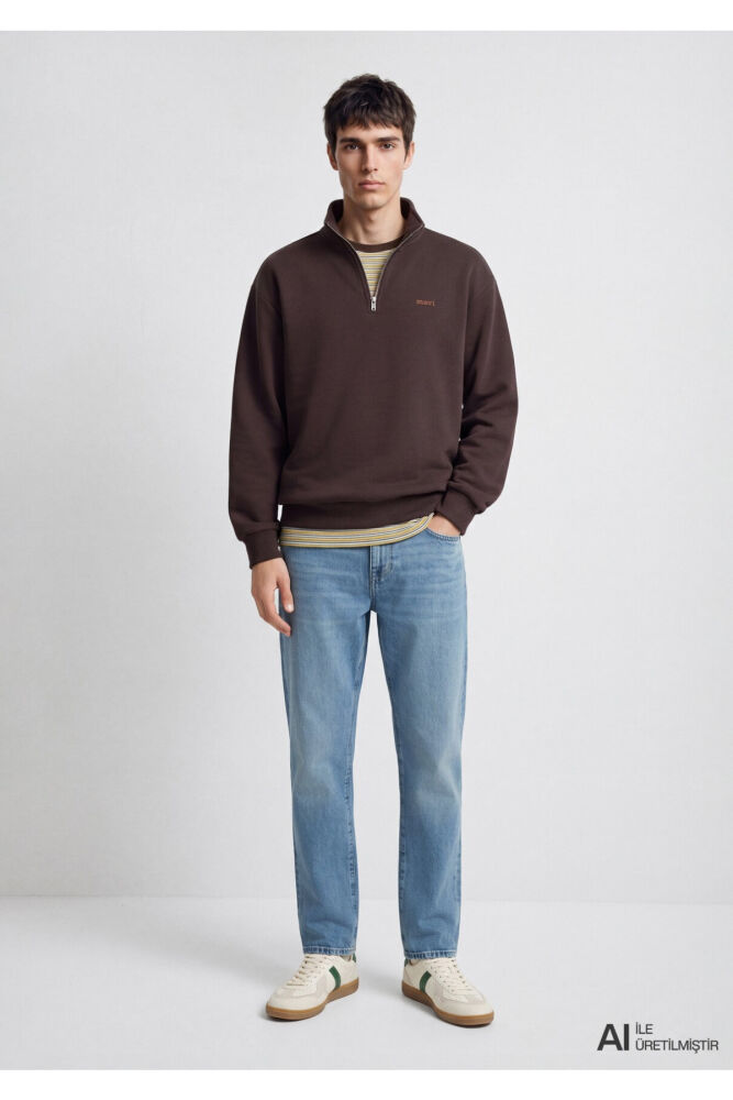 Mavi Logo Yarı Fermuarlı Kahverengi Loose Fit Erkek Sweatshirt 0S10585-70219 (1)