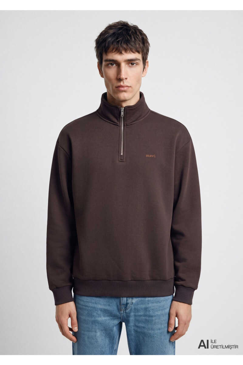 Mavi Logo Yarı Fermuarlı Kahverengi Loose Fit Erkek Sweatshirt 0S10585-70219 - 3