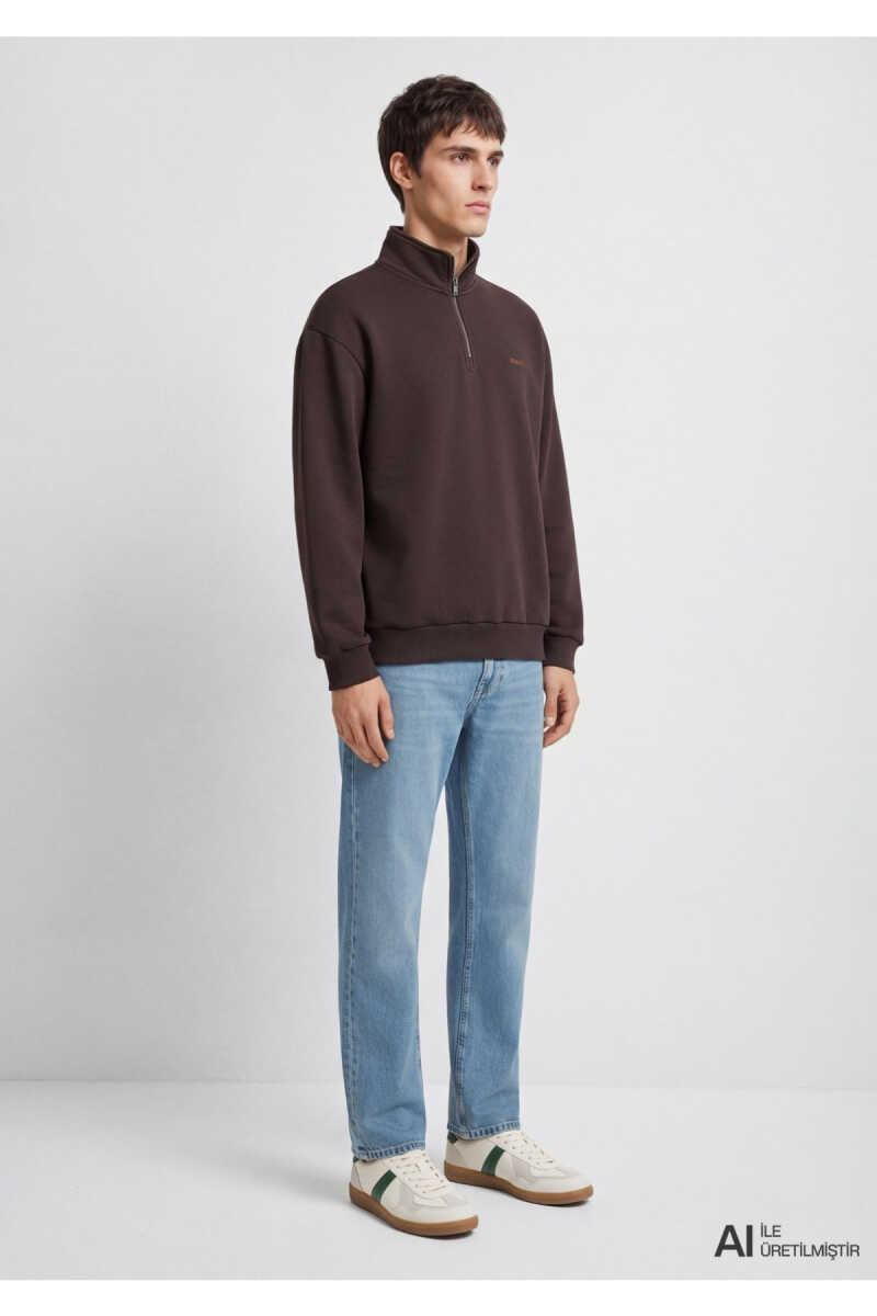 Mavi Logo Yarı Fermuarlı Kahverengi Loose Fit Erkek Sweatshirt 0S10585-70219 - 4