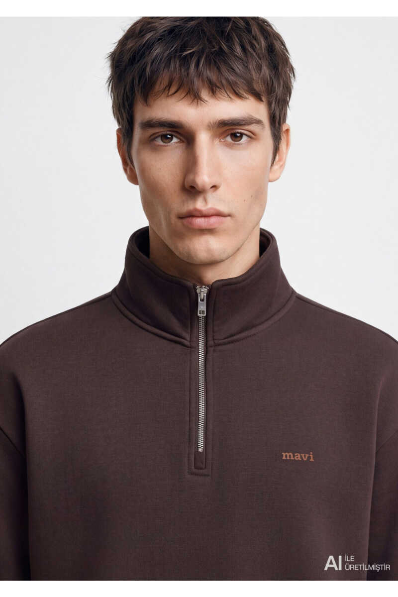 Mavi Logo Yarı Fermuarlı Kahverengi Loose Fit Erkek Sweatshirt 0S10585-70219 - 6