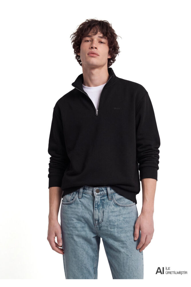 Mavi Logo Yarı Fermuarlı Siyah Loose Fit Erkek Sweatshirt 0S10585-900