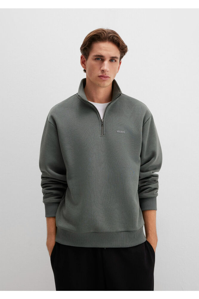 Mavi Logo Yarı Fermuarlı Yeşil Loose Fit Erkek Sweatshirt 0S10585-71598