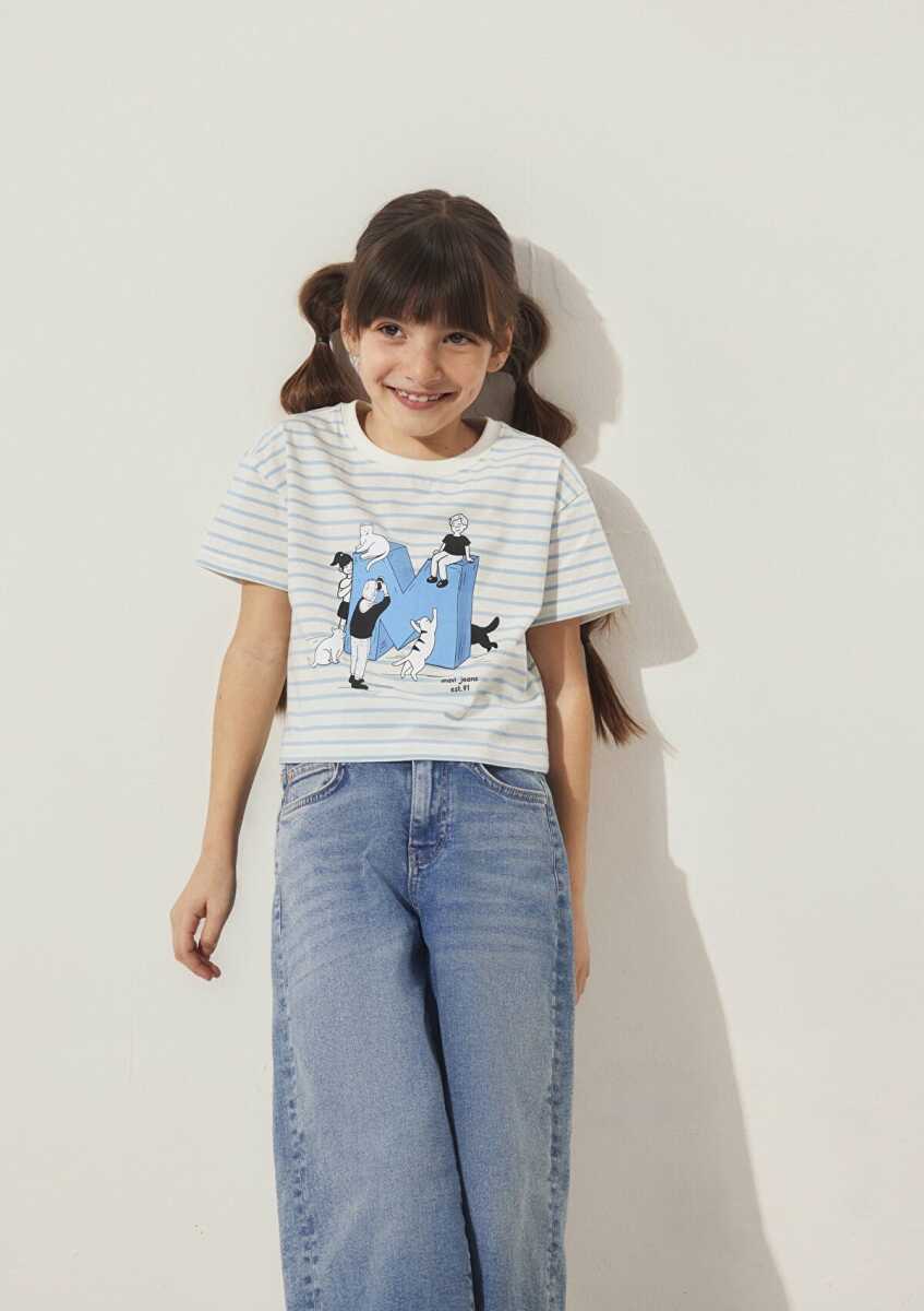 Mavi M Baskılı Çizgili Crop Bebe Mavi Çocuk Tişört 7610285-83766 - 1