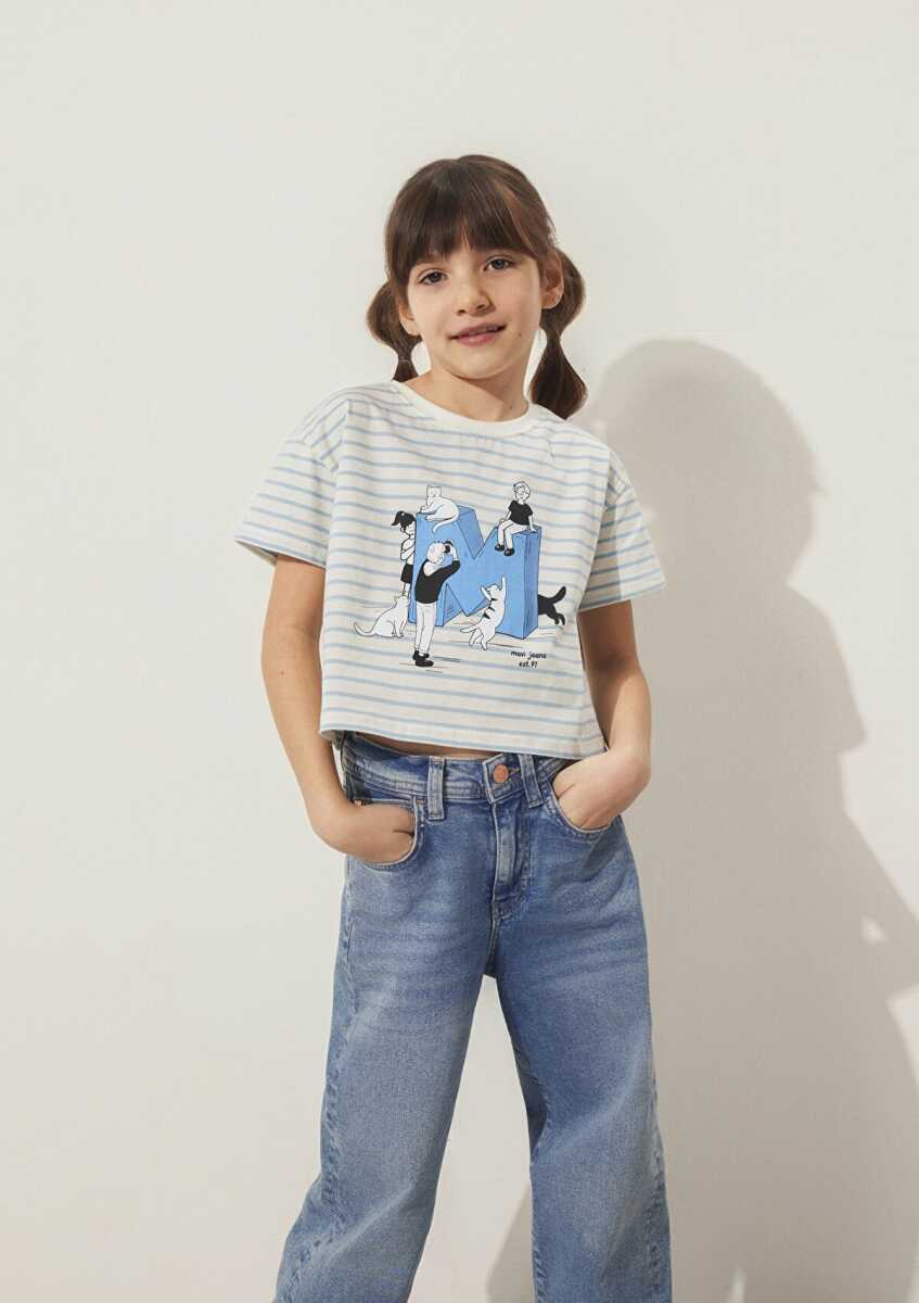 Mavi M Baskılı Çizgili Crop Bebe Mavi Çocuk Tişört 7610285-83766 - 2