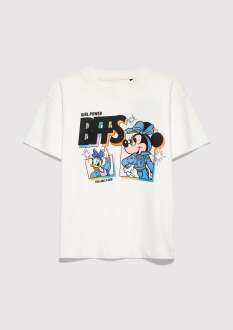 Mavi Mickey Mouse Baskılı Loose Fit Ekru Çocuk Tişört 7610419-70057