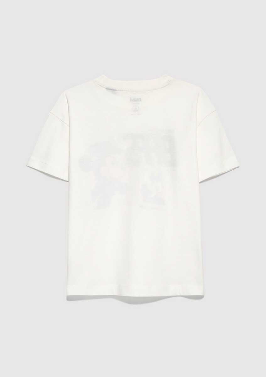 Mavi Mickey Mouse Baskılı Loose Fit Ekru Çocuk Tişört 7610419-70057 - 2