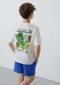 Mavi Minecraft Baskılı Oversize Çocuk Tişört 6610492-70057 