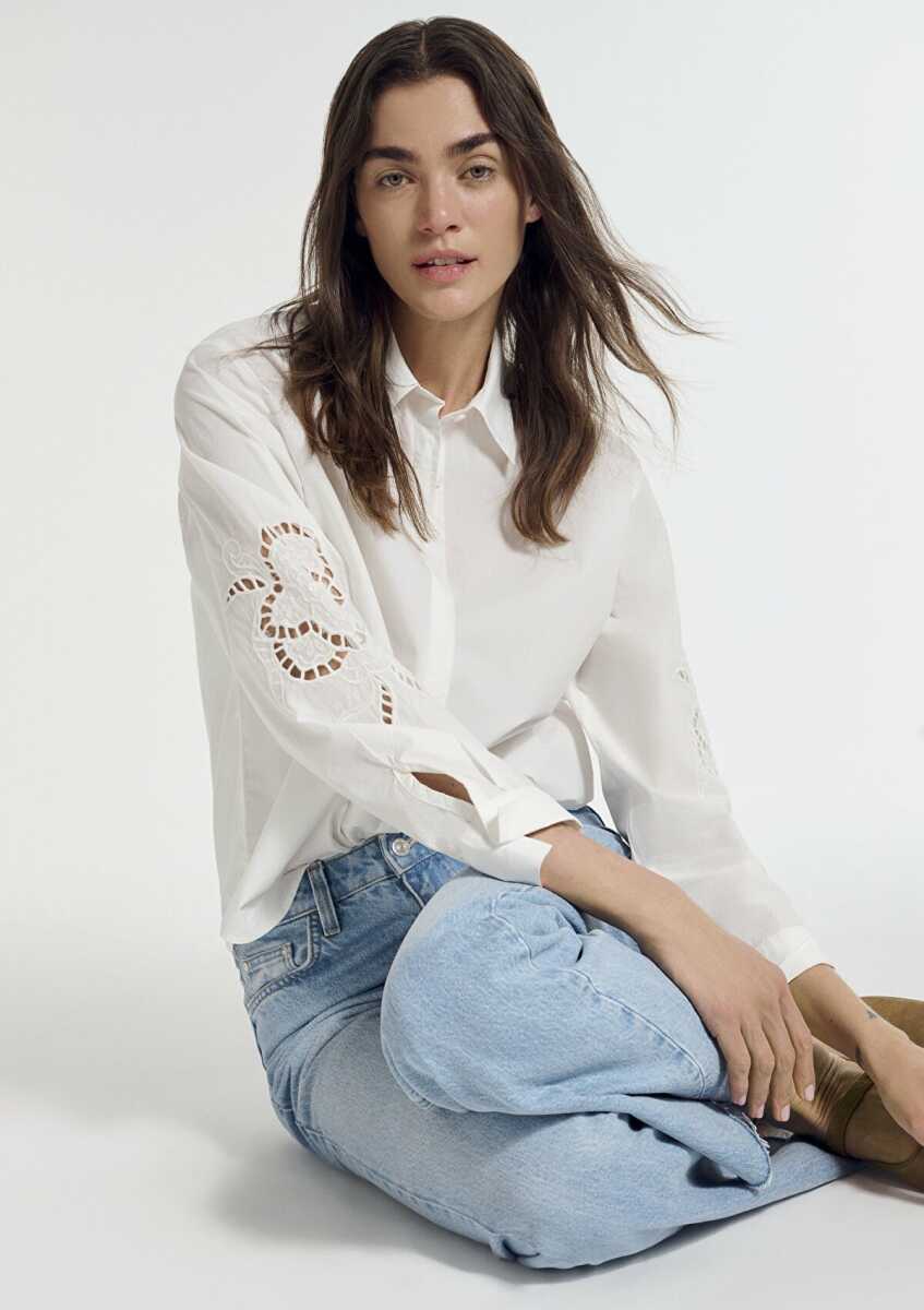 Mavi Nakış Detaylı Ekru Loose Fit Kadın Gömlek 1211382-70057 - 1