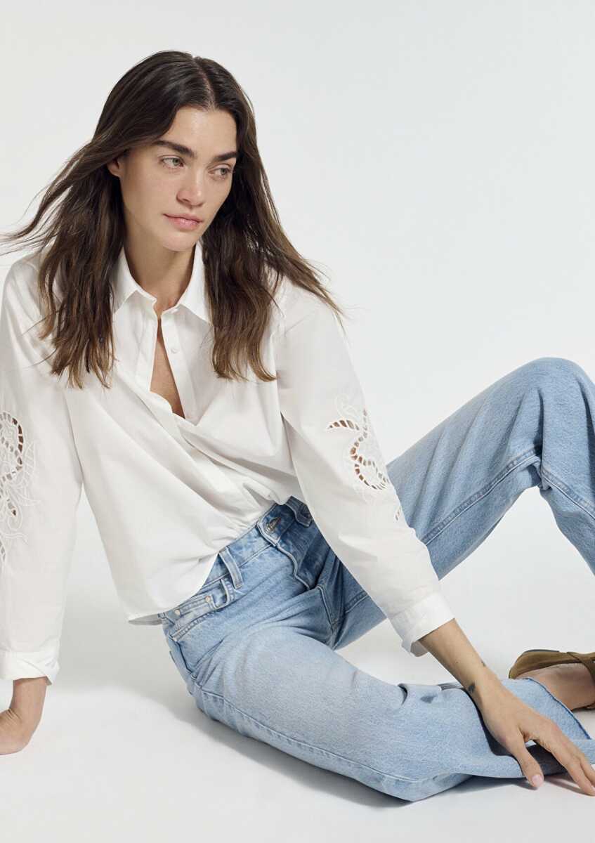 Mavi Nakış Detaylı Ekru Loose Fit Kadın Gömlek 1211382-70057 - 2