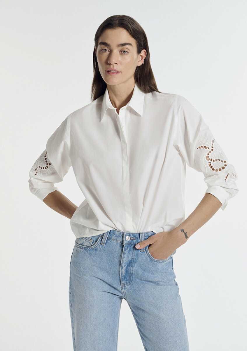 Mavi Nakış Detaylı Ekru Loose Fit Kadın Gömlek 1211382-70057 - 5