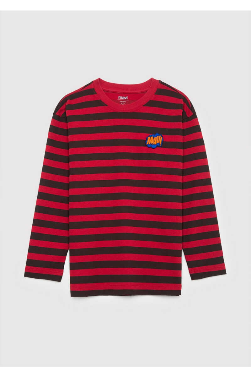 Mavi Patch Logo Çizgili Kırmızı Loose Fit Çocuk Sweat 6620006-A6609 - 1