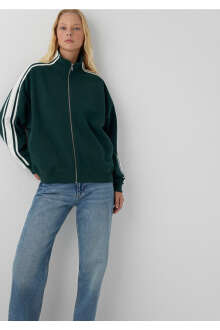 Mavi Şerit Detaylı Fermuarlı Yeşil Oversize Kadın Sweatshirt 1S10560-71538 