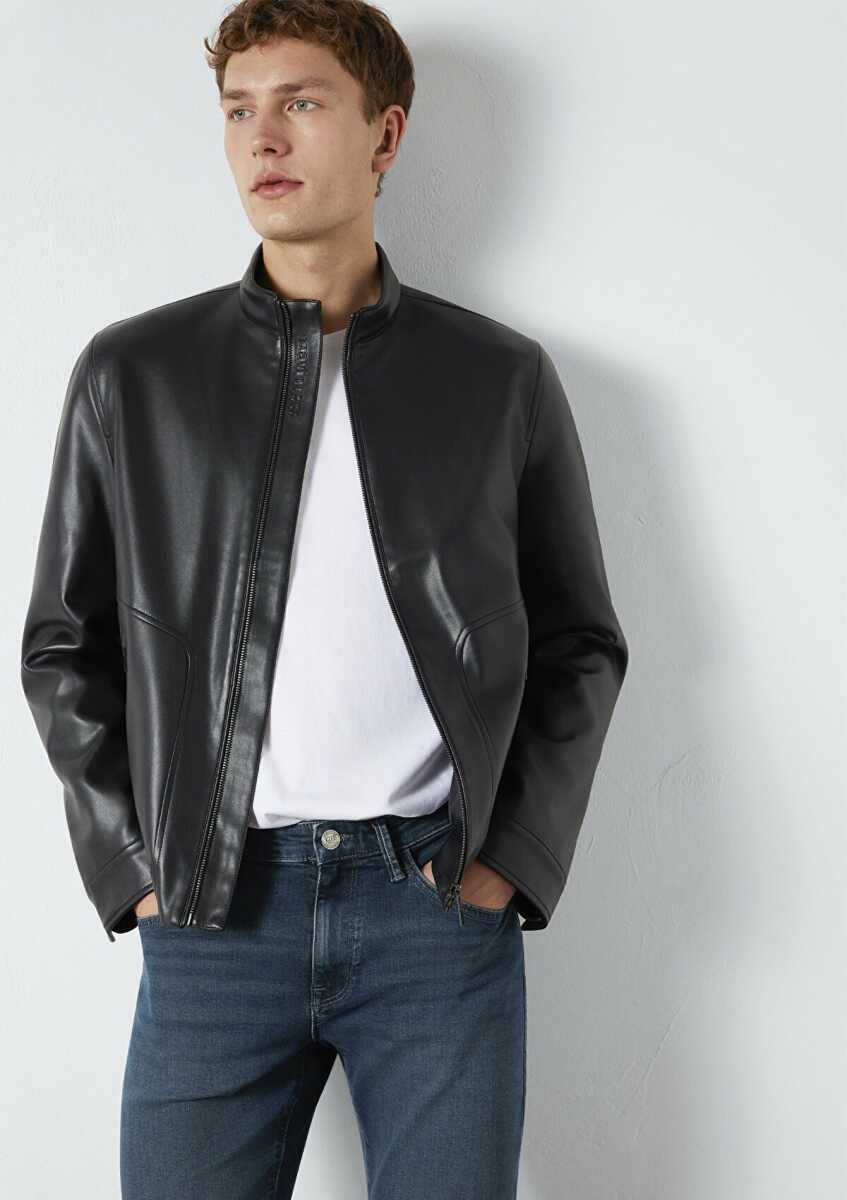 Mavi Siyah Biker Suni Deri Erkek Ceket 0110789-71379 - 1