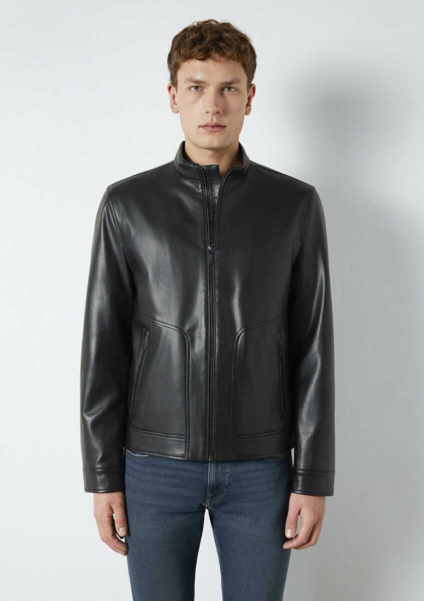 Mavi Siyah Biker Suni Deri Erkek Ceket 0110789-71379 - 3