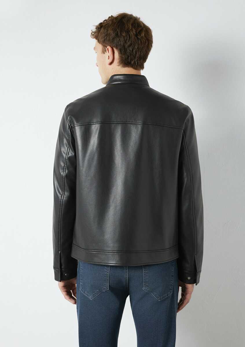 Mavi Siyah Biker Suni Deri Erkek Ceket 0110789-71379 - 5