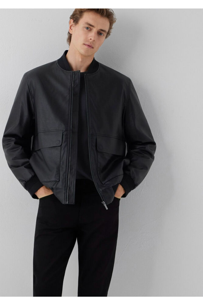 Mavi Siyah Suni Deri Regulat Fit Erkek Bomber Ceket 0110906-71379