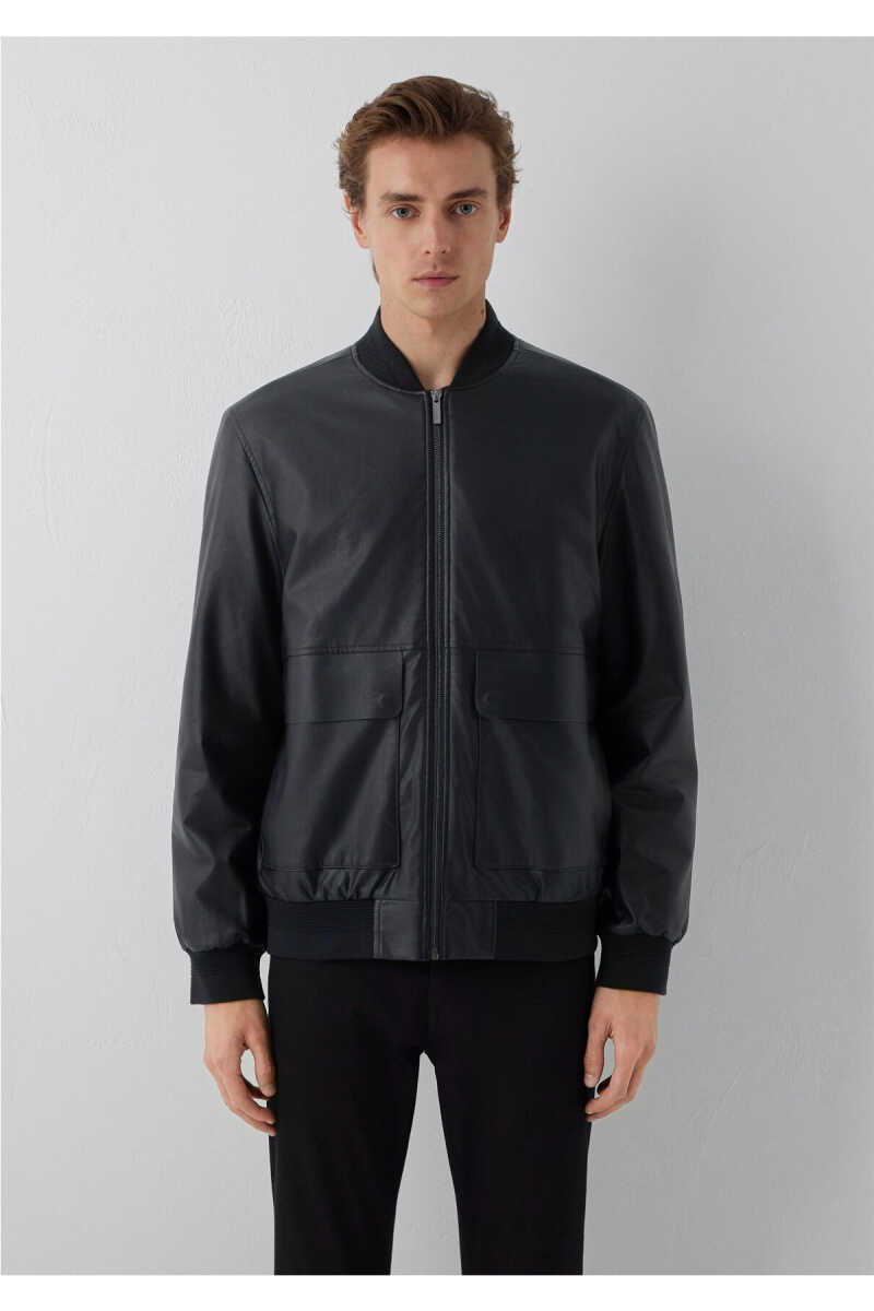 Mavi Siyah Suni Deri Regulat Fit Erkek Bomber Ceket 0110906-71379 - 3
