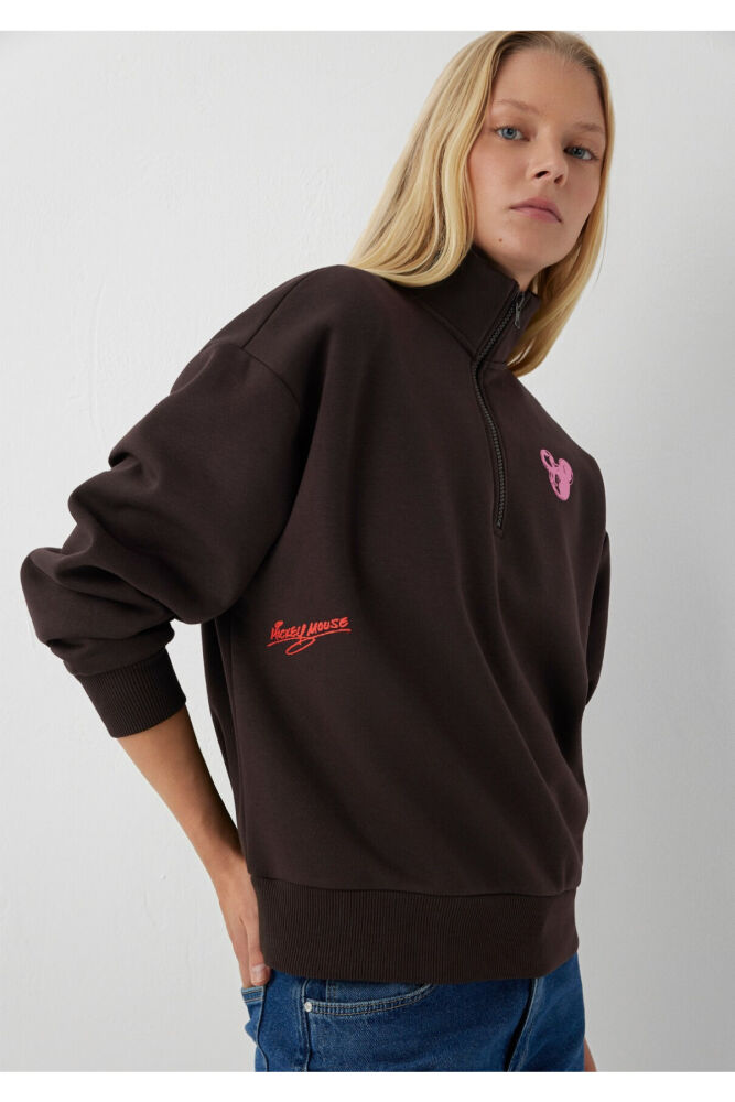 Mavi Yarı Fermuarlı Kahverengi İnterlok Loose Fit Kadın Sweatshirt 1S20033-70240