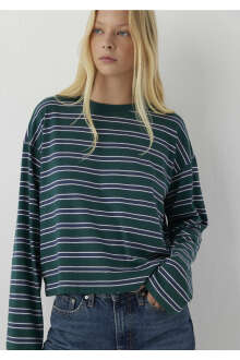 Mavi Yeşil Basic Çizgili Loose Fit Kadın Sweat 1620069-A6846 