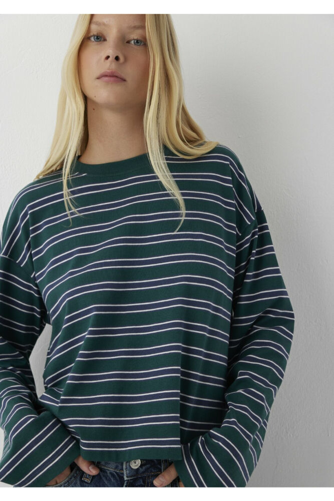 Mavi Yeşil Basic Çizgili Loose Fit Kadın Sweat 1620069-A6846 (1)