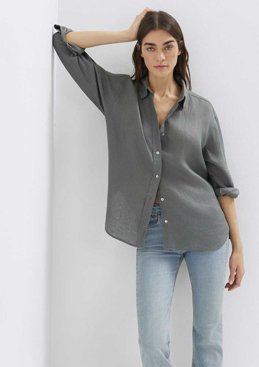 Mavi Yeşil Loose Fit Kadın Keten Gömlek 1210747-70132 - 2