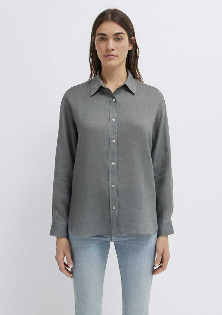 Mavi Yeşil Loose Fit Kadın Keten Gömlek 1210747-70132 - 4