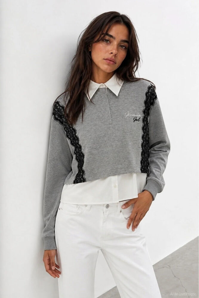 Quzu Dantel Detaylı Kadın Sweatshirt
